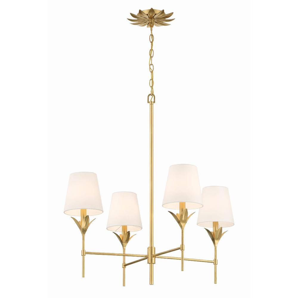 Antique Gold Crystal 4-Light Chandelier with White Silk Shades