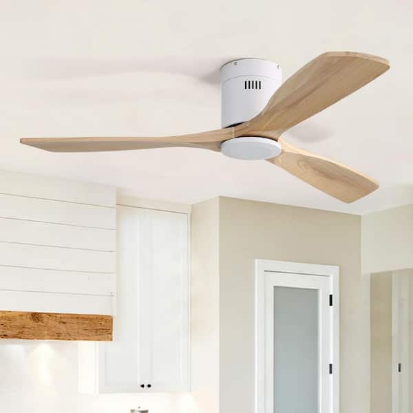52 in. Smart White Flush Mount Standard Ceiling Fan with 3 Solid Wood Blades, Noiseless Reversible Motor without Light
