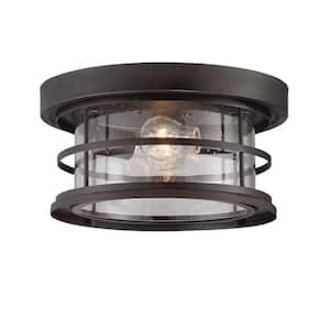 Barrett 10 in. W x 6 in. H 2-Light English Bronze Outdoor Flush Mount with Clear Seeded Glass