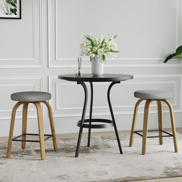 25.59 in. H Gray Swivel Solid Wood Bar Stool with Fabric Upholstered Seat for Kitchen Island