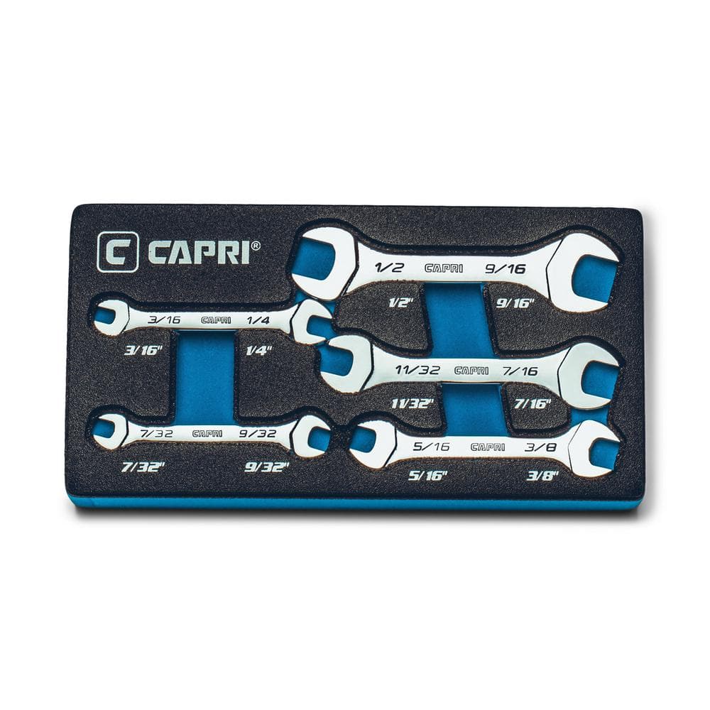 Capri Tools Slim Mini Open End Wrench Set | 11-Piece Metric & SAE, 3.2-13mm & 3/16-9/16", With Tray
