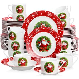 Santa Claus 60-Piece White and Red Porcelain Christmas Tableware Set (Service for 12)