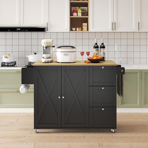 Tatayosi Black Kitchen Serving Cart Mobile Kitchen Island cart with Drop Leaf Top, Spice Rack, Towel Bar and Hooks