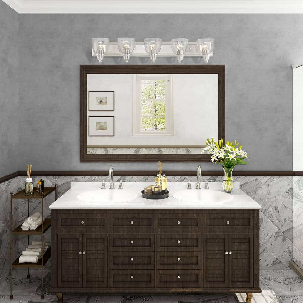 Brushed Nickel 5-Light Bathroom Vanity with Clear Glass Shades