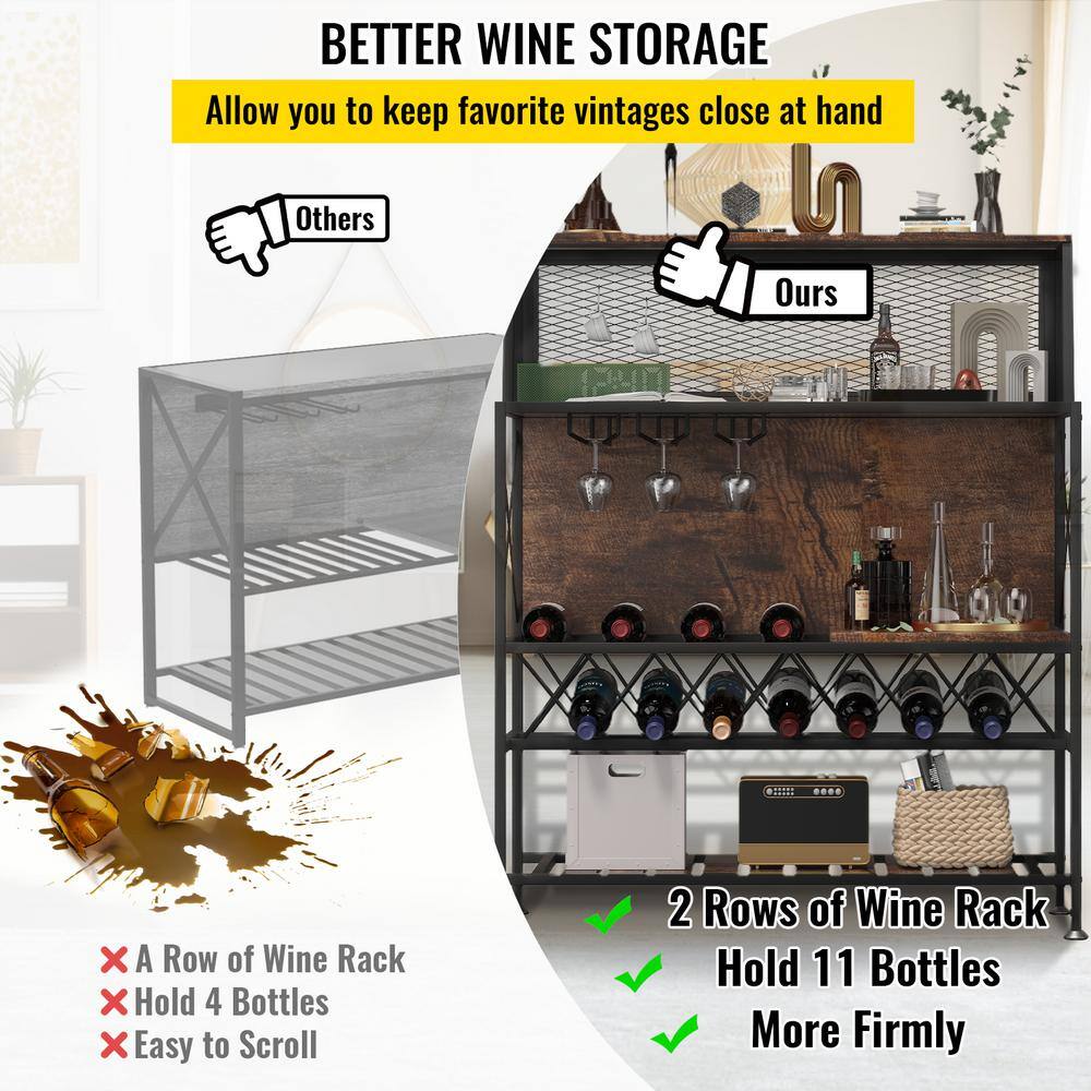 Rustic Brown Industrial Wine Rack Bar Table with Glass Holder