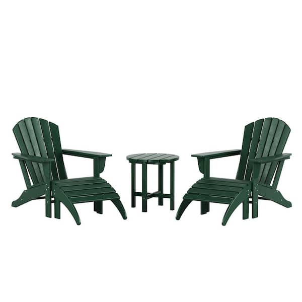 WESTIN OUTDOOR Mason 5-Piece UV Resistant Outdoor Patio HDPE Poly Plastic Adirondack Chairs Set with Ottomans and Side Table,Dark Green