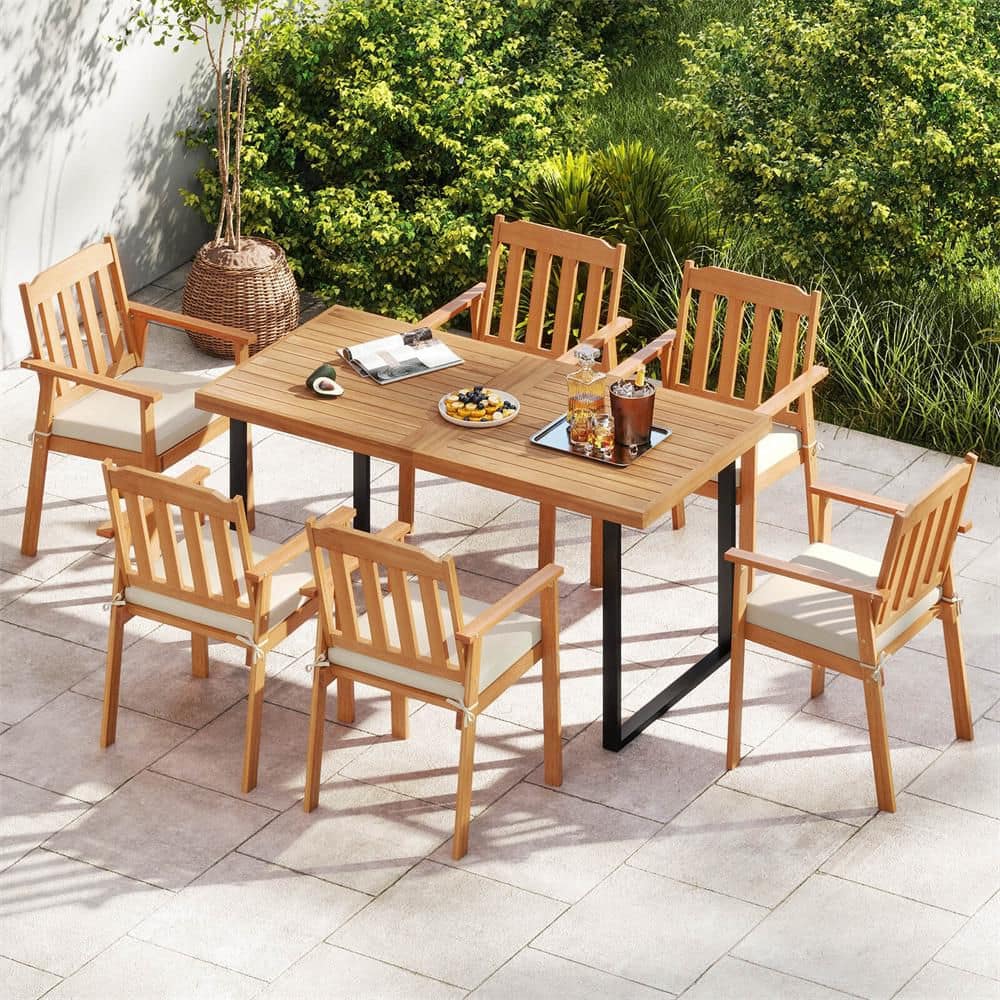 Natural Wood Outdoor Dining Chairs with Removable Padded White Cushion, Armrests Slatted Backrest (2-Pack) price history on PriceWatchPro
