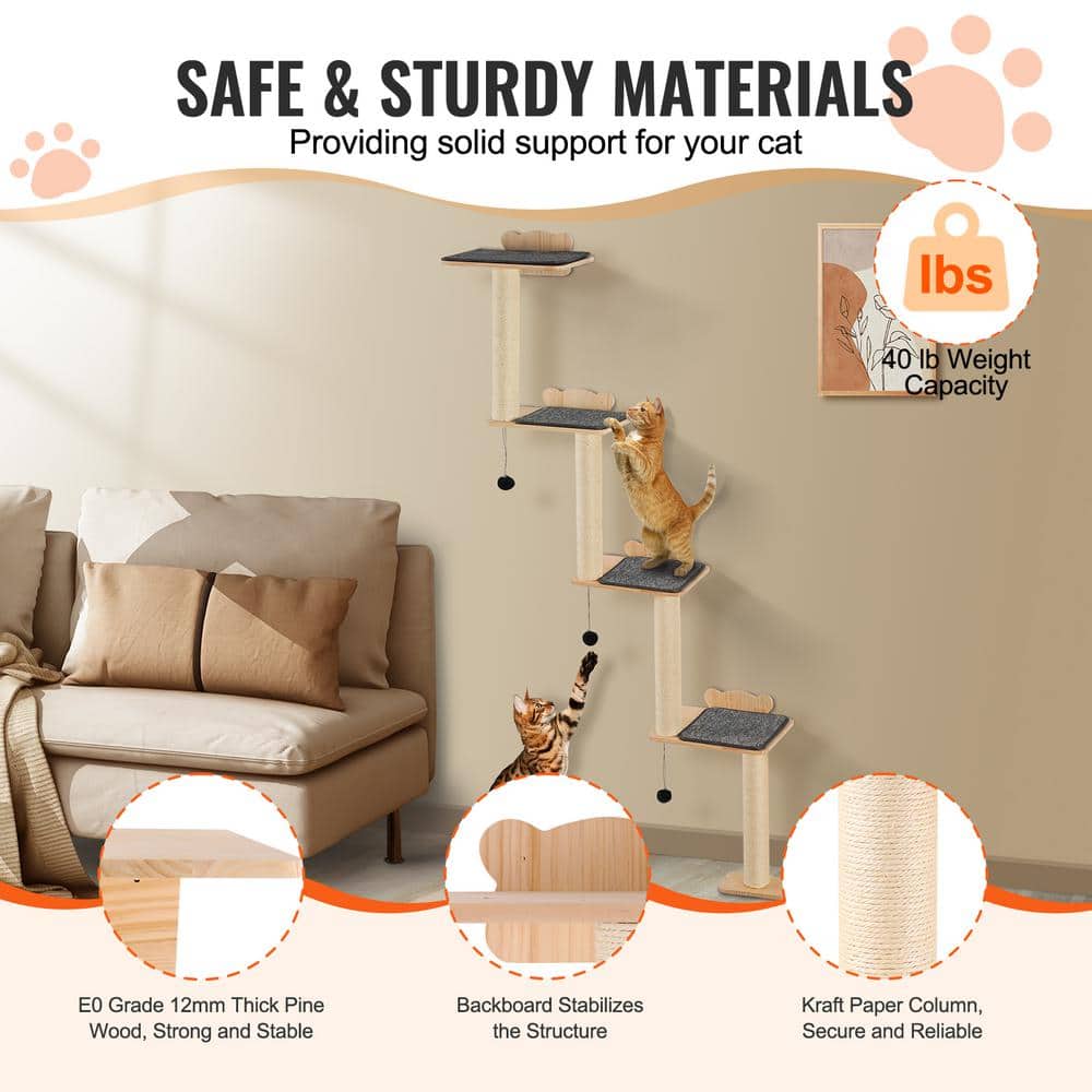 Natural Pine Wood 4-Tier Wall-Mounted Cat Tree with Plush Pads