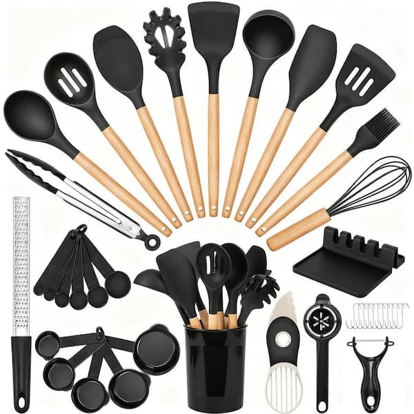 39-Piece Black Silicone Cooking Utensils Set with Wooden Handle for Nonstick Cookware, 446°F Heat Resistant, Food Grade