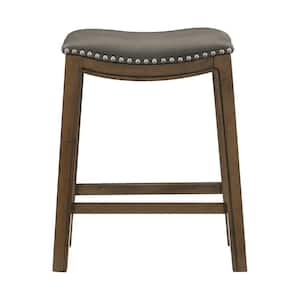 Pecos 25 in. Brown Wood Counter Height Stool with Gray Faux Leather Seat