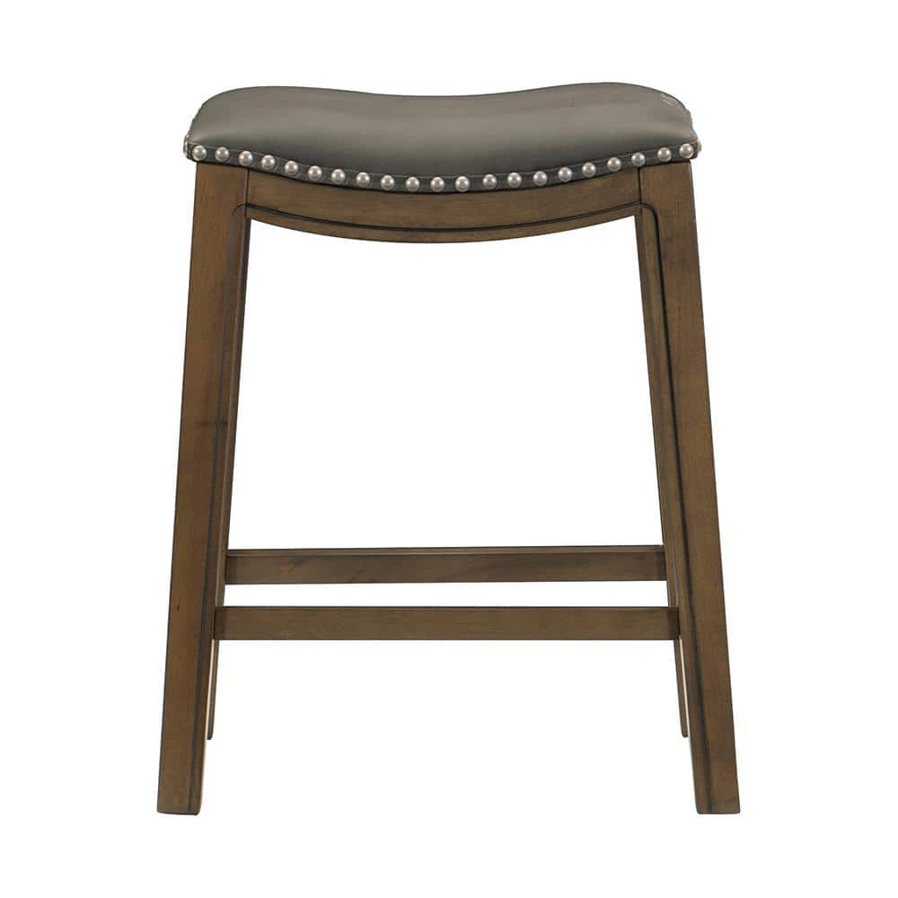 Gray Backless Saddle Style Wood and Leather Counter Stool