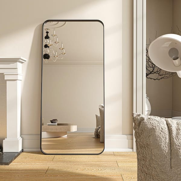 ORGANNICE 28 in. W x 60 in. H Rectangular Modern Black Aluminum Framed Rounded Full Length Mirror