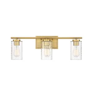 24 in. W x 8.63 in. H 3-Light Natural Brass Bathroom Vanity Light with Clear Cylinder Glass Shades