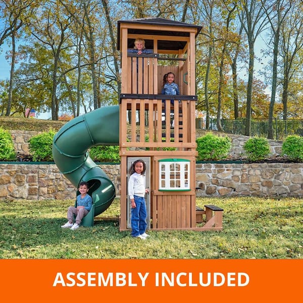 Pro Assembled Panorama Tower Outdoor Wooden Playhouse with Tube Slide, Climbing Wall, Play Kitchen, Bench with 3-Decks