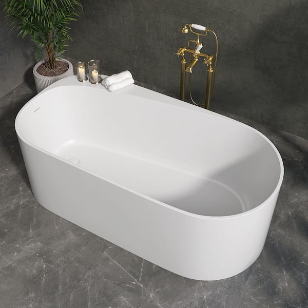 63 in. x 31.5 in. Solid Surface Freestanding Soaking Bathtub Stone Resin Flat Bottom Tub with Overflow in Matte White