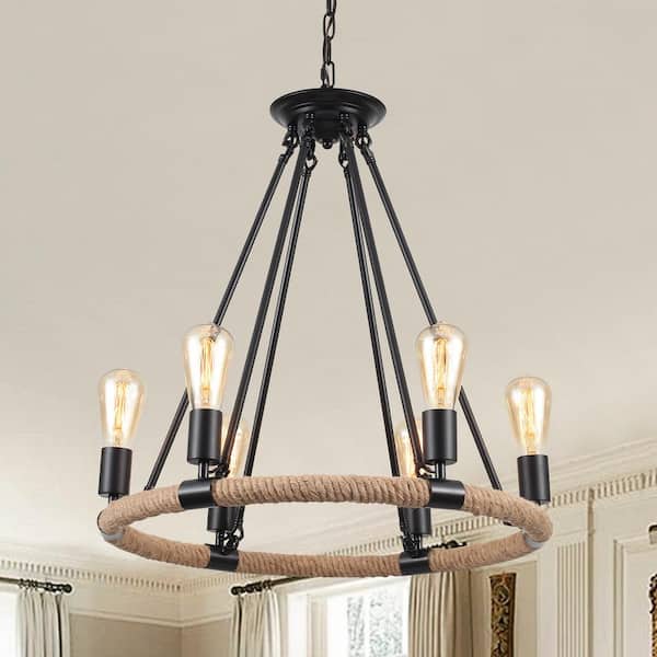ZJVAIVE 6-Light Farmhouse Black Candle Style Circle Wagon Wheel Chandelier for Dining Room Living Room with No Bulbs Included