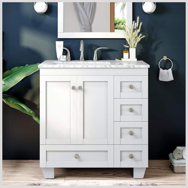 Eviva Acclaim 28 in. W X 22 in. D X 34 in. H Bath Vanity in White with White Carrara Marble Top with White Sink