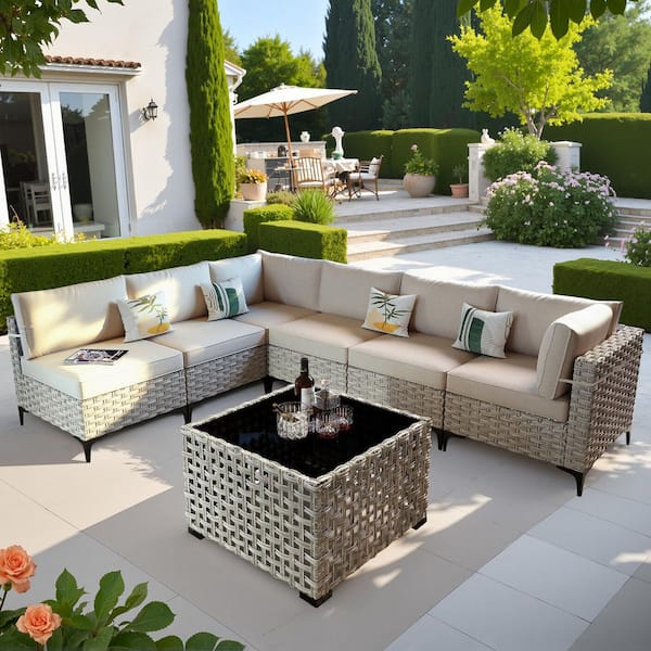 OVIOS Supery Gray 7-Piece Wicker Patio Conversation Seating Set with Beige Cushions and Coffee Table
