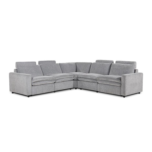 Camden 113 in. Wall Hugger Performance Fabric Power Motion 5-Piece Modular Corner Sectional Sofa in Misty Light Gray