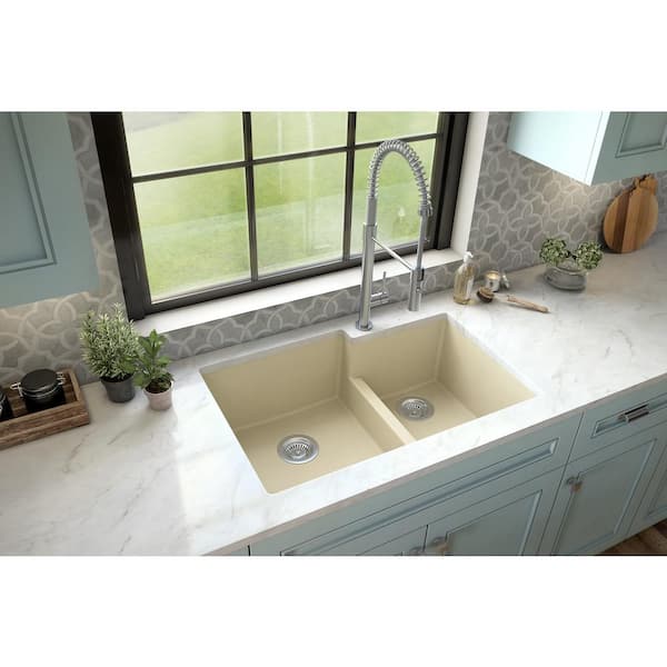Karran Quartz/Granite Bisque 33 in. 60/40 Double Bowl Composite Undermount Kitchen Sink
