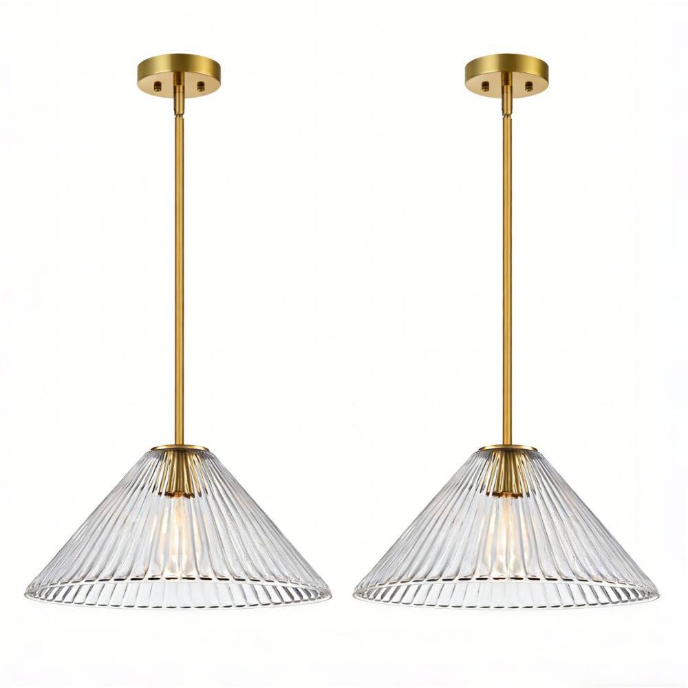 1-Light 15.8 in. Brushed Gold Cone Pendant Light with Ribbed Clear Glass Shade (2-Pack) price history on PriceWatchPro