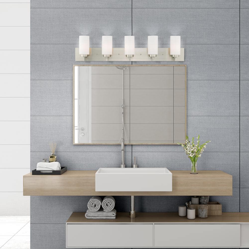 Brushed Nickel 5-Light Bath Vanity with Satin Opal Glass