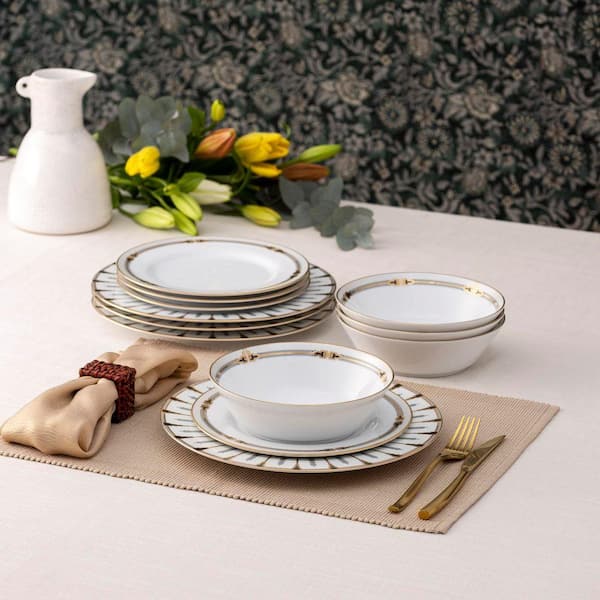 Empire Gold 12-Piece (Gold) Porcelain) Dinnerware Set, Service For 4