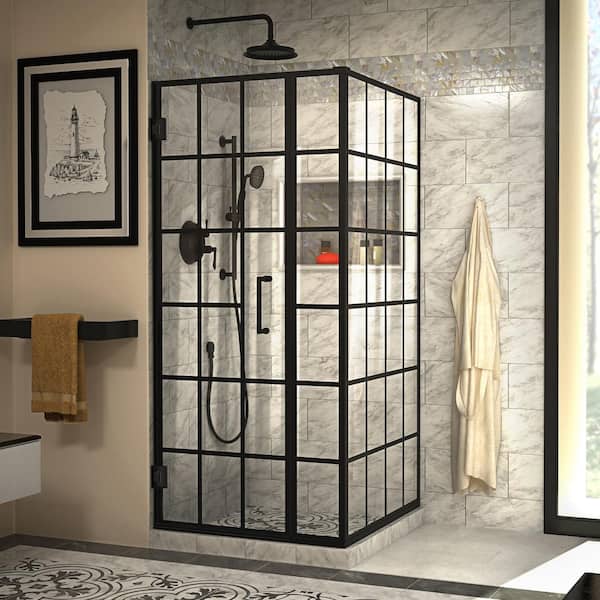 Unidoor Toulon 34 in. D x 34 in. W x 72 in. H Frameless Corner Hinged Shower Enclosure in Matte Black