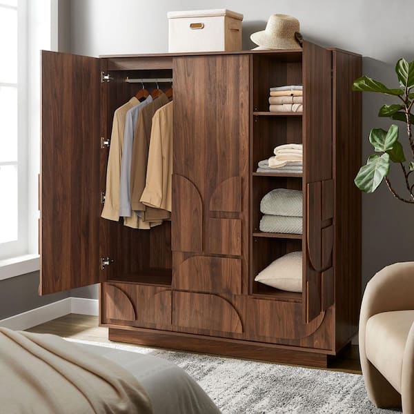 MODWAY Bulwark Walnut Brown MDF 57.2 in. Wardrobe with Drawers MOD