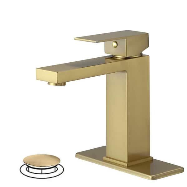 HOMEMYSTIQUE Single Handle Single Hole Bathroom Faucet with Deckplate Included and Drain Kit Included in Brushed Gold