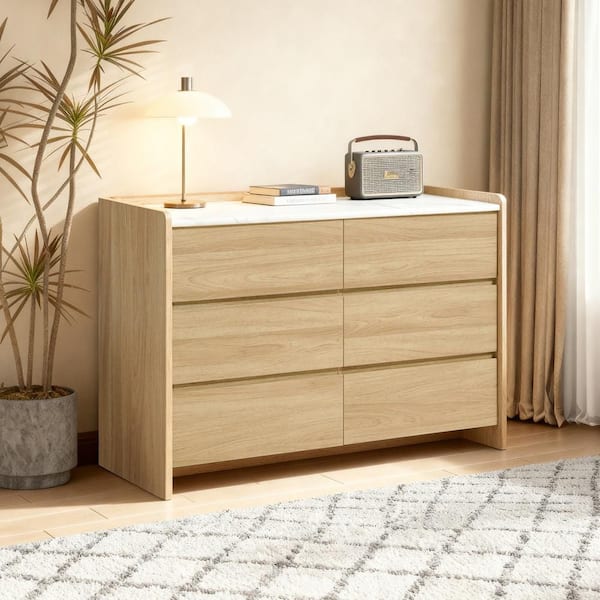 Hazel Oak 6-Drawer 47.2 in. Dresser with Raised Sides and Faux Marble Top in Durable Manufactured Wood