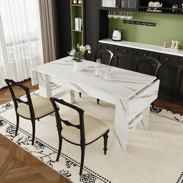 White Marble Pattern Wood 94.5 in. Width Rectangle Double Pedestal Base Dining Table, Meeting Table, Computer Desk for 6