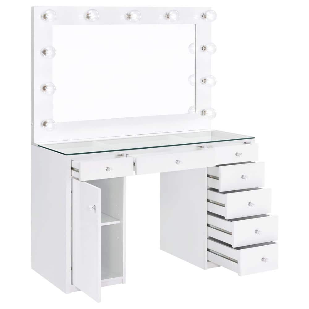 White Glass Top Vanity Desk with LED Mirror and 7 Drawers