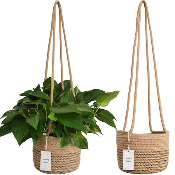 Dyiom 8 in. Dia Jute Cotton Hanging Basket with Waterproof Plastic Liner (2-Pack)