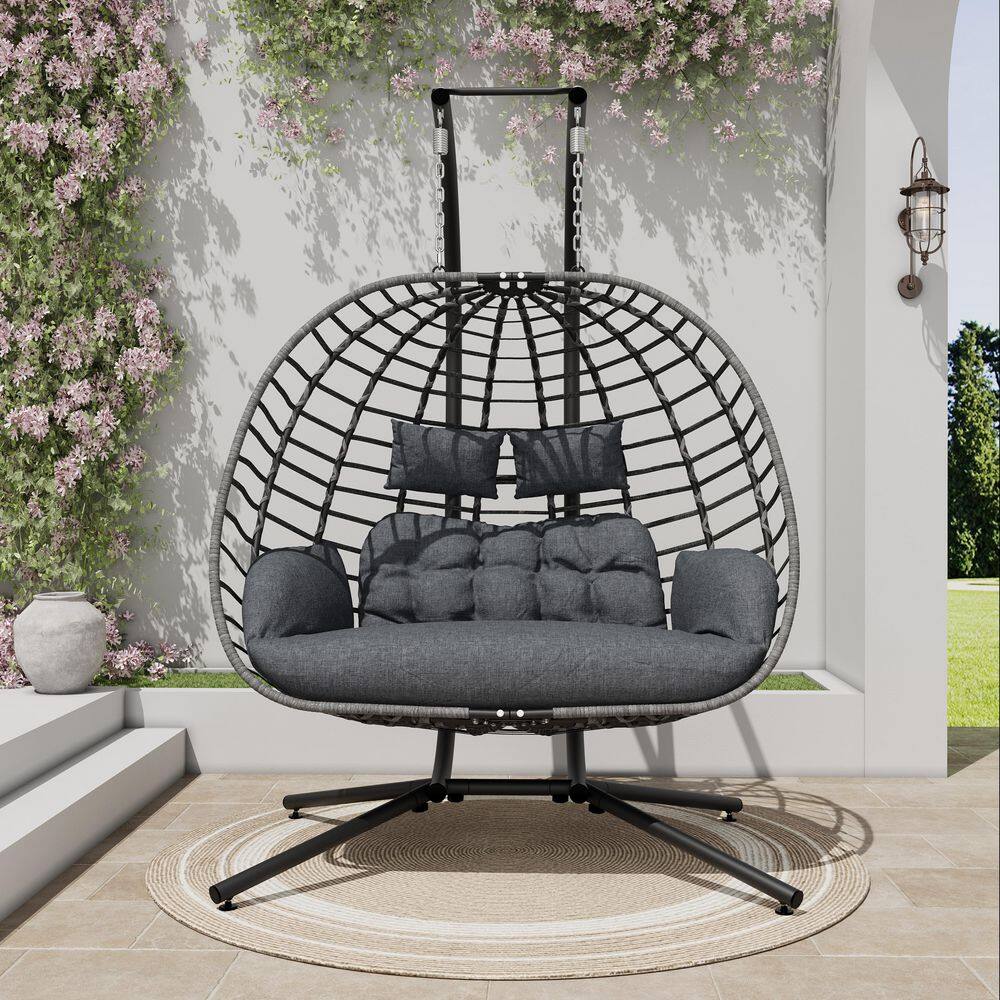 Large 2-Person Wicker Double Porch Swing Egg Chair with Stand and Gray Cushion price history on PriceWatchPro