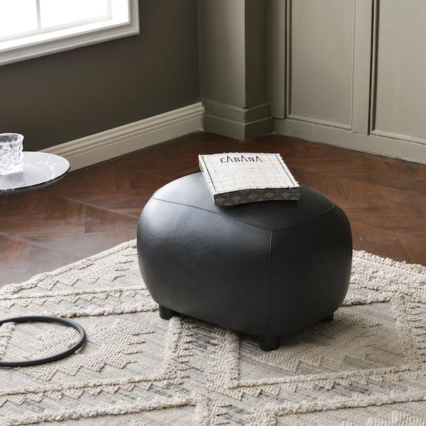 Black PU Faux Leather Upholstered Footrest Round Ottoman