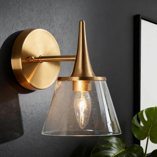 LNC Quoridan 6 in. 1-Light Plated Brass Tapered Drum Wall Sconce Bathroom Powder Room Vanity Light with Seeded Glass Shade
