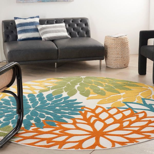 Aloha Turquoise Multicolor 8 ft. x 8 ft. Round Floral Contemporary Indoor/Outdoor Patio Area Rug