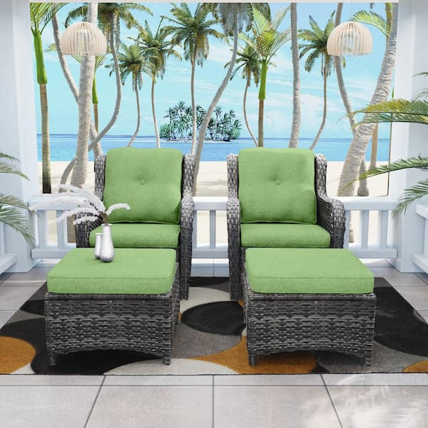 Gardenbee 4-Piece Wicker Outdoor Patio Conversation Lounge Chair Set with Green Cushions and Ottomans