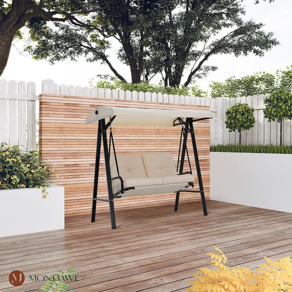 2-Person Beige Metal Outdoor Patio Porch Swing Chair Yard Rocker with Removable Cushion & Convertible Canopy