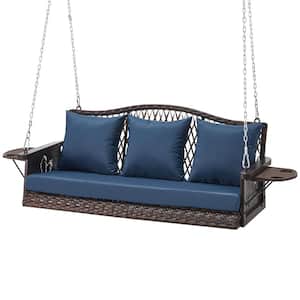 56 in. 3-Person Upgraded Brown Wicker Outdoor Porch Swing with Blue Cushions and Cup Holder Support 900 lbs.