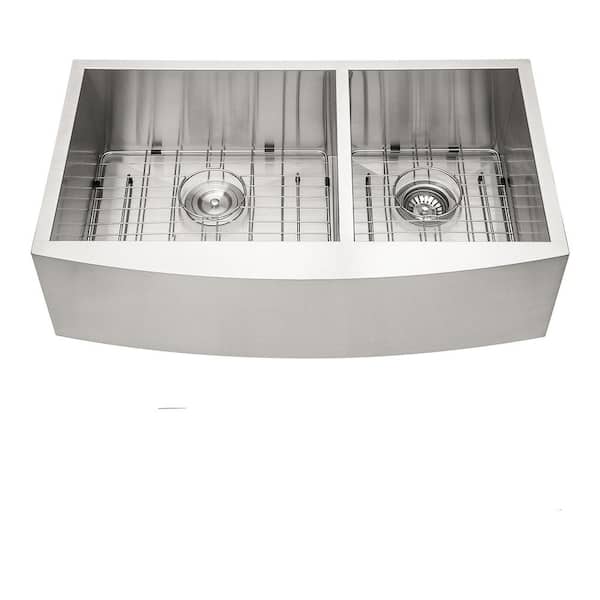 36 in. Farmhouse Double Bowl (60/40) Gray Stainless Steel Kitchen Sink with Two 9" Deep Basin