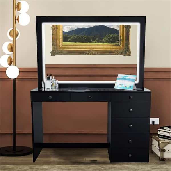 Theia Black Finish, 7 Drawers 57 in. W Dresser with Mirror