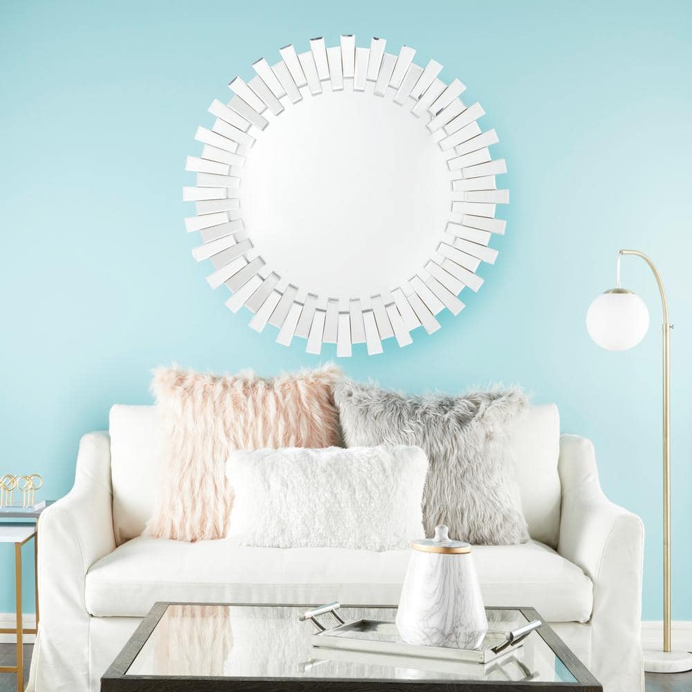 Silver Sunburst Round Wood Wall Mirror, 42"