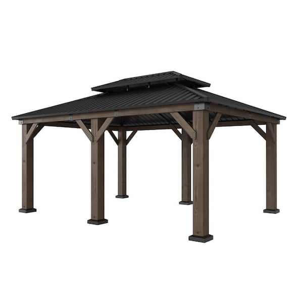 16 ft. x 12 ft. Outdoor Wood Gazebo, Hardtop Gazebo Permanent Wooden Pavilion with Galvanized Steel Double Roof