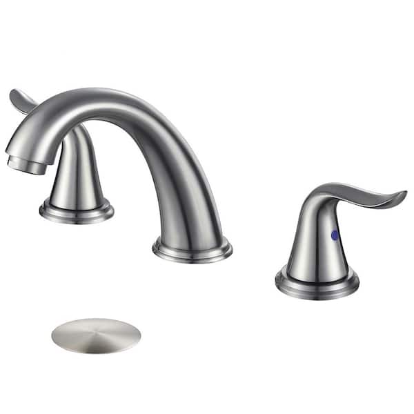 WOWOW 8 in. Widespread Double Handle Bathroom Faucet with Drain Kit in Brushed Nickel