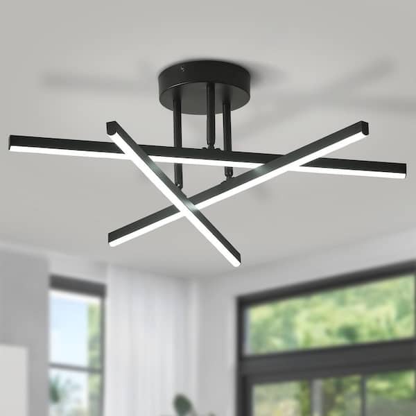 Essel 23.62 in. Black 3-Light LED Semi-Flush Mount Ceiling Light, 18W 6000K Cool White Light for Living Room, Bedroom