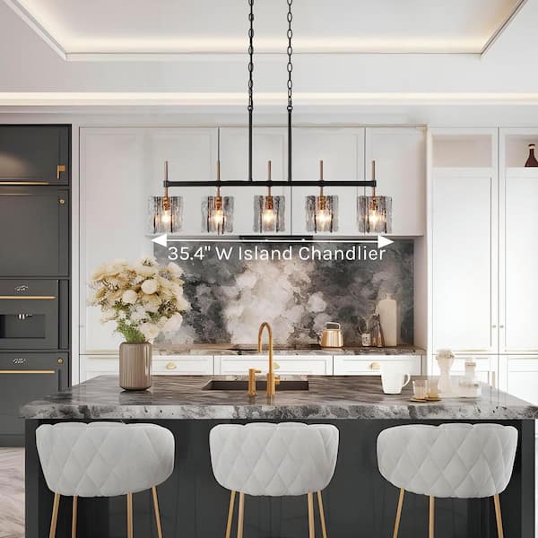 Echonalyri Modern 5-Light Glam 35.4 in. W Black and Brass Island Chandelier with Geometric Gray Textured Glass Shades