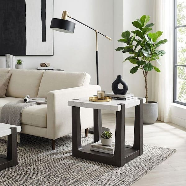 Iscaleon 24 in. White/Black Square End Table with Faux Marble Top and 2-Tone Design