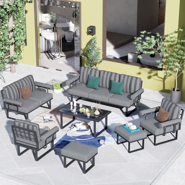 Toject Norris Gray 7-Piece Aluminum Modern Outdoor Patio Conversation Sofa Seating Set with Striped Gray Cushions